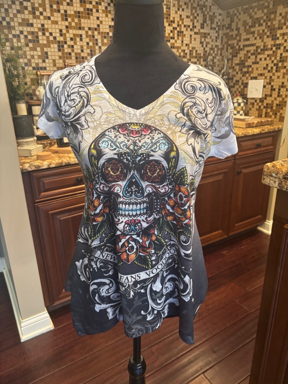 V-Neck Sugar Skull Graphic Tee - Black, White & Multicolor